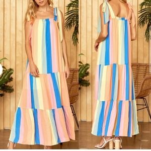 Emily Wonder Rainbow Striped Tie-Strap Tiered Ruffle Maxi Dress Size 2XL